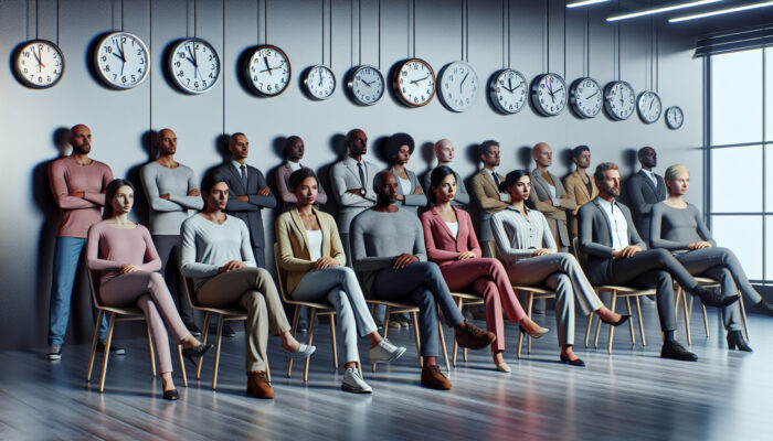 Diverse group of individuals waiting in an office with permit applications and clocks displaying different times.