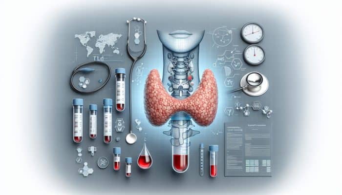 Illustration of thyroid gland with blood test vials and diagnostic charts for thorough evaluation.