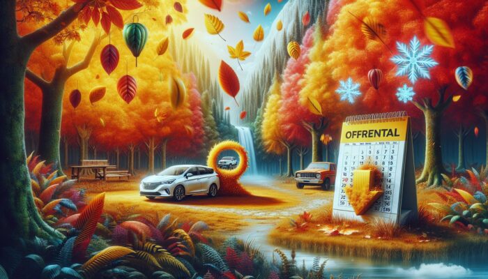 A peaceful autumn landscape featuring a car rental office, colourful falling leaves, and a calendar highlighting off-peak seasons.