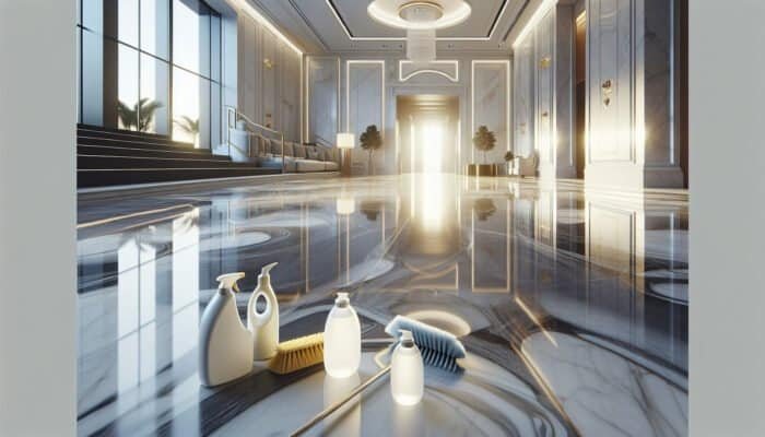 Gleaming marble floor in a Cottenham Park home, with cleaning tools, underscoring the necessity of maintenance.