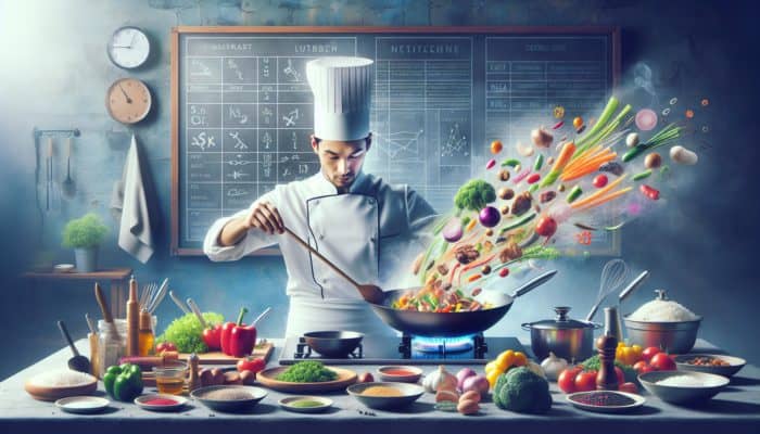 A chef expertly stir-frying a vibrant mix of vegetables and meat in a wok, with steam rising in a lively kitchen.