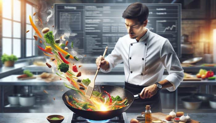 A chef stir-frying a variety of vegetables in a wok, using a spatula to achieve even cooking and caramelisation.