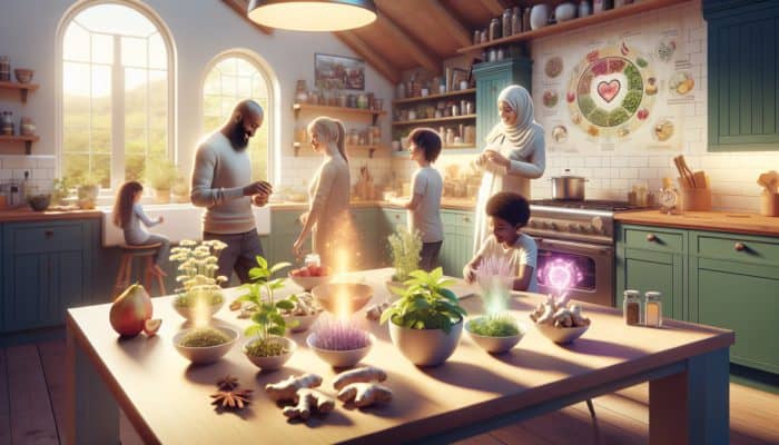 A family in a UK kitchen selecting herbs like chamomile, peppermint, ginger, and garlic for their medicinal benefits.