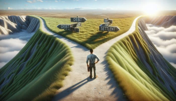 Debt Consolidation Loans vs Debt Settlement: A Guide | DCL A person at a crossroads choosing between "Full Debt Repayment" and "Debt Settlement," with a sunny path ahead symbolising financial freedom.