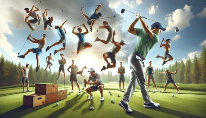 Golfer executing a swing on a green course, surrounded by dynamic plyometric drills to enhance muscle power and speed.