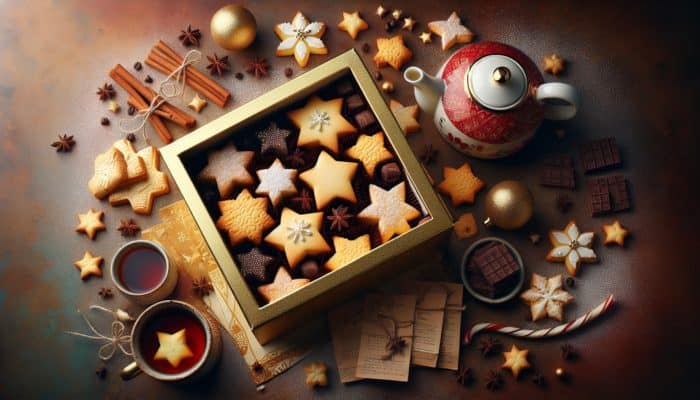 A beautifully arranged box filled with golden shortbread stars, some elegantly dipped in chocolate, alongside a teapot and coffee, creating a warm festive atmosphere.