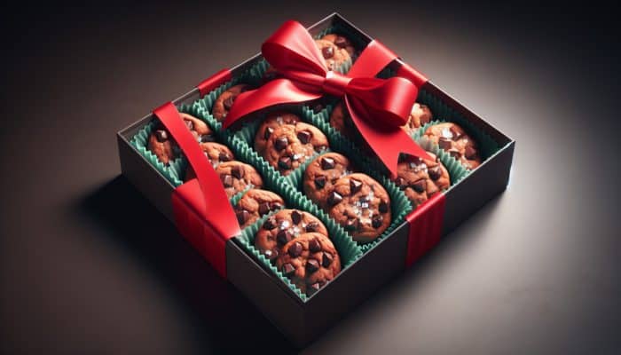 A beautifully arranged box of double chocolate chip cookies featuring gooey centres, crispy edges, and sprinkled with sea salt, elegantly tied with a red bow.