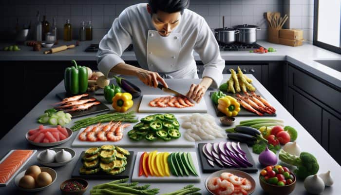 A chef prepping seafood and vegetables for tempura, showcasing clean cuts and vibrant colours on a counter.