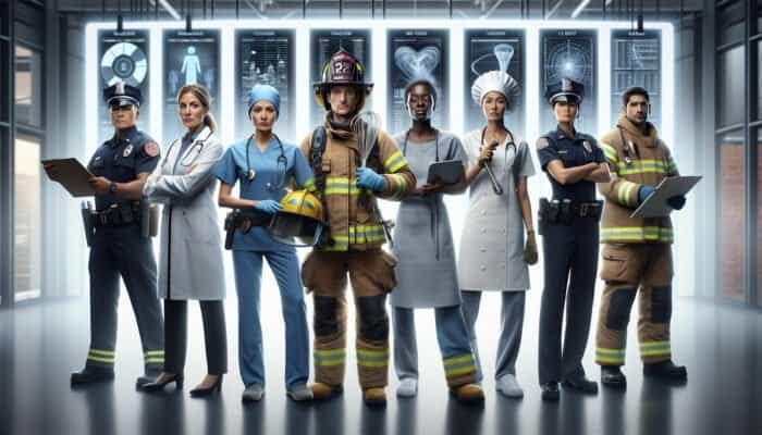 A diverse team of professionals in uniforms holding service symbols in a contemporary office, showcasing professionalism and expertise.