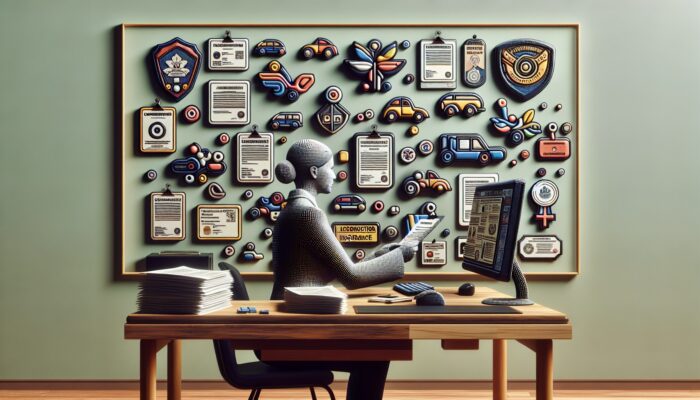 A person verifying car rental company's licensing and insurance on a computer, with official documents on the wall.