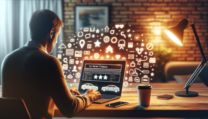 Person reviewing car rental company ratings on laptop in a comfortable home office with a cup of coffee.