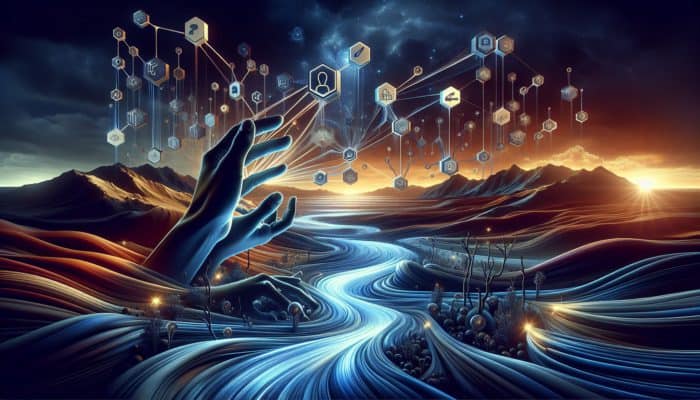 Hands reaching for luminous streams of light symbolising link equity in a digital environment.