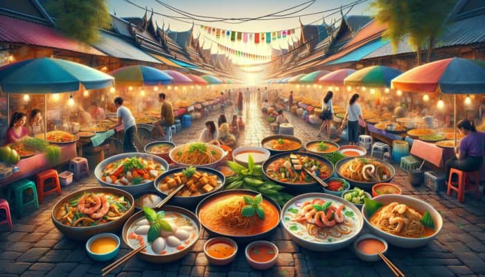 Colorful Thai street food stalls serving Pad Thai, Khao Soi, and Drunken Noodles to eager explorers.