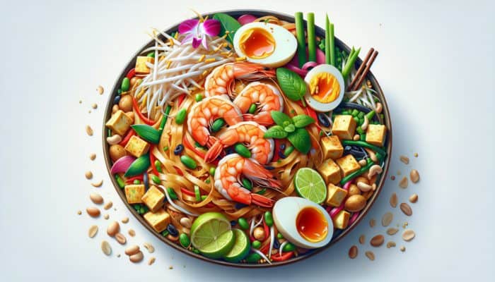 A vibrant Pad Thai with noodles, shrimp, tofu, eggs, topped with sprouts, peanuts, and a tangy sauce.