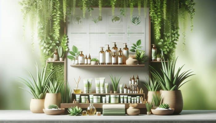 A serene spa featuring natural plant-based hair care products, including aloe vera and argan oil, surrounded by lush greenery.