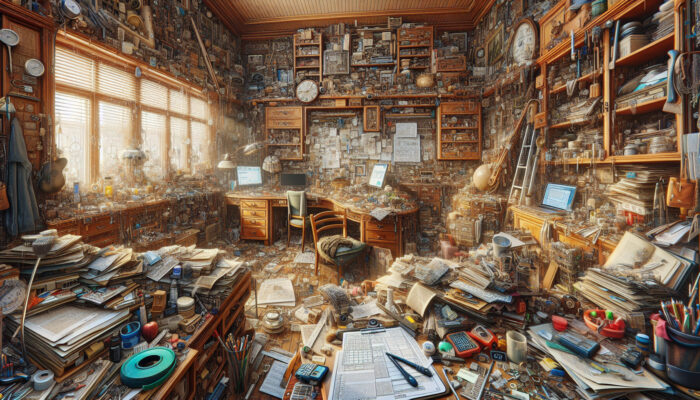 Thorough examination of a cluttered house, evaluating furniture and belongings, devising a clearance strategy with essential tools.