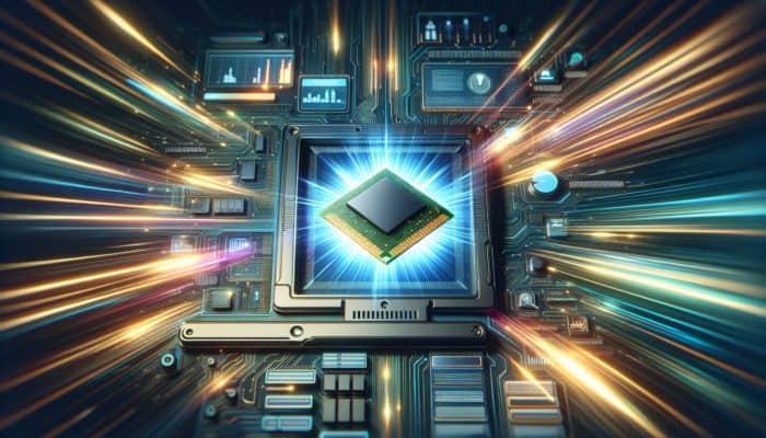 Futuristic interface showcasing browser caching icons, central glowing RAM chip, accelerating data streams.