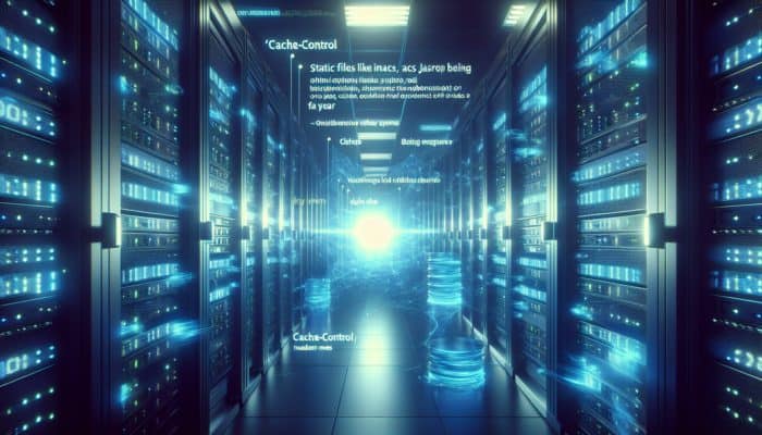 A server room with 'Cache-Control' headers illustrated, indicating static files cached for a year to enhance load times.
