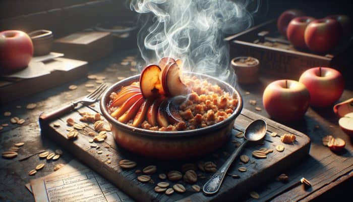 Smoked apple crisp featuring caramelised apples and a crunchy oat topping served in a rustic dish.