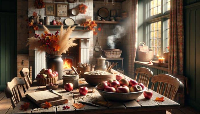 Fresh apples, oats, and smoking wood chips displayed on a wooden table with autumn leaves and a fireplace in the backdrop.