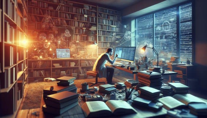 A researcher developing a detailed research strategy at a desk surrounded by books and digital devices in a warm study environment.