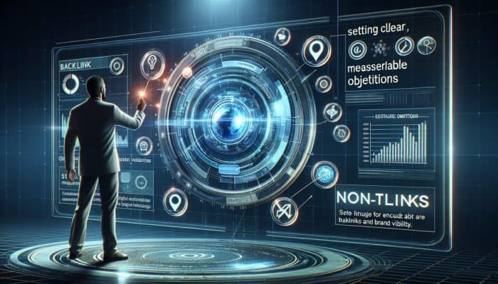 A researcher defining clear objectives on a futuristic digital interface with graphs, insights, and icons for backlinks and brand visibility.