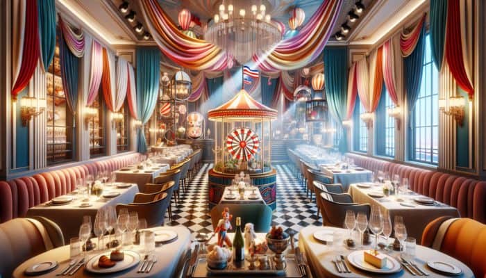 Experience the luxurious French dining ambiance at Le Cirque in Bellagio, complete with vibrant circus decor and gourmet dishes.