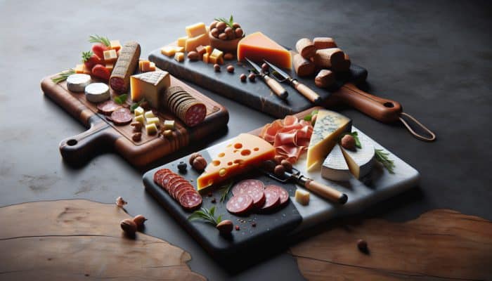 An assortment of rustic wooden, sleek slate, and elegant marble charcuterie boards featuring vibrant cheeses and meats.