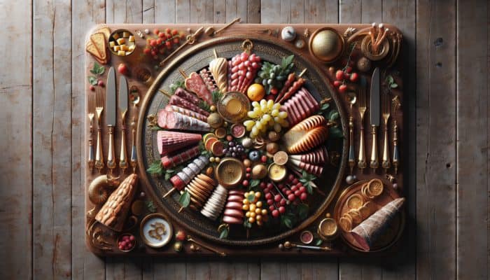 A luxurious charcuterie board featuring vibrant, artfully arranged cured meats on a rustic wooden table.
