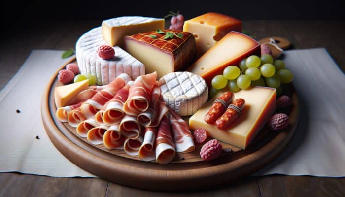 A charcuterie board featuring prosciutto paired with brie, chorizo with gouda, and assorted smooth and crumbly cheeses.