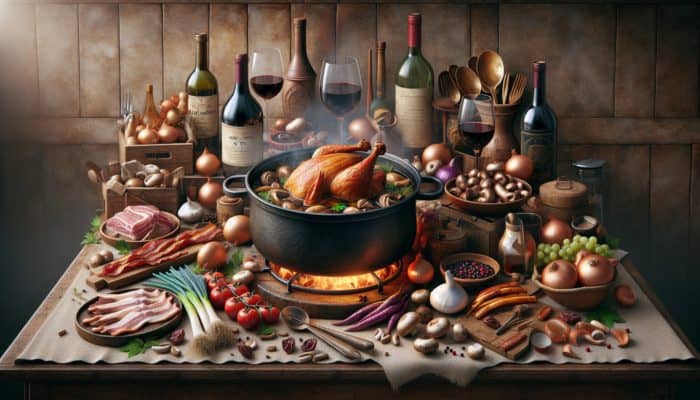 A simmering pot of Coq au Vin in a rustic French kitchen, surrounded by ingredients.