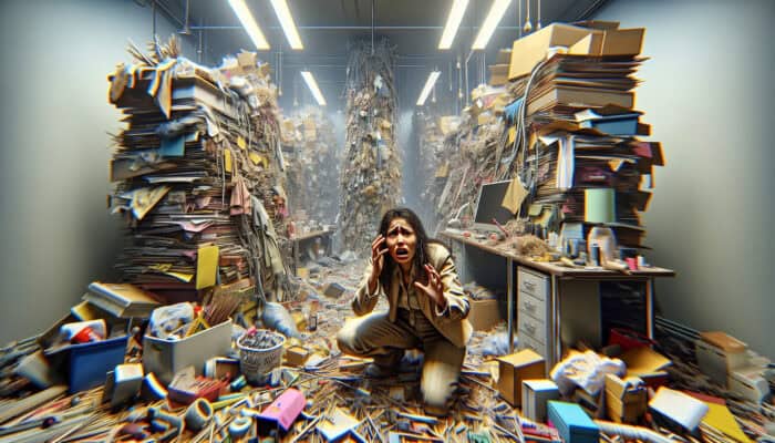 Techniques for Clearing Hoarded UK Homes: A cluttered room with stacks of items, a distressed person, fire hazards, and pests.