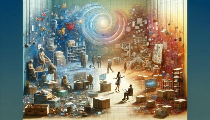 A hoarder and helper discuss items in a supportive environment, amidst cluttered and cleared spaces, symbolising empowerment and change.