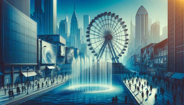 Daytime view of Las Vegas Strip with Bellagio Fountains, High Roller, and Welcome Sign under clear sky.