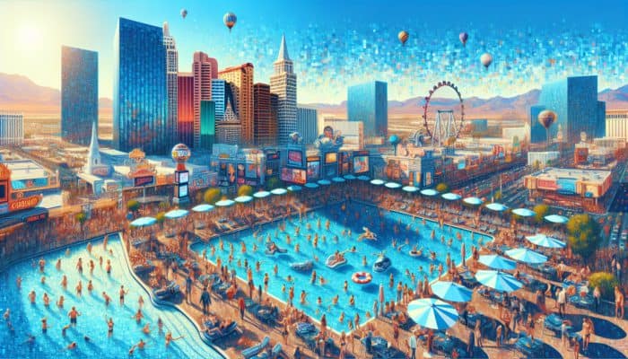 People enjoying pool parties, rides, and gourmet dining in a vibrant Las Vegas daytime scene.
