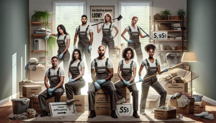 A professional team clearing a cluttered house with visible low-cost quote signage, showcasing affordability and expertise.