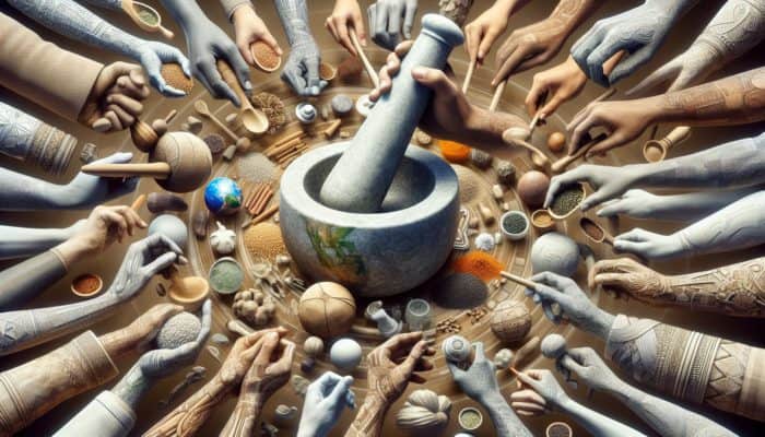 Hands from various cultures using a mortar and pestle for grinding, symbolising its global culinary and medicinal significance.