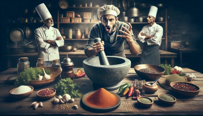 A rustic kitchen scene with a mortar and pestle grinding spices, chefs discussing its superiority over an electric grinder.