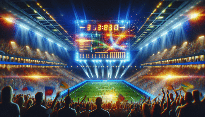 A vibrant sports stadium featuring an illuminated scoreboard displaying real-time scores, player stats, and game timelines.