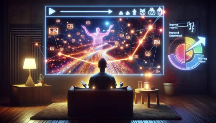 A viewer engaged with a playlist on a screen, displaying graphs indicating increased retention, in a cozy room.