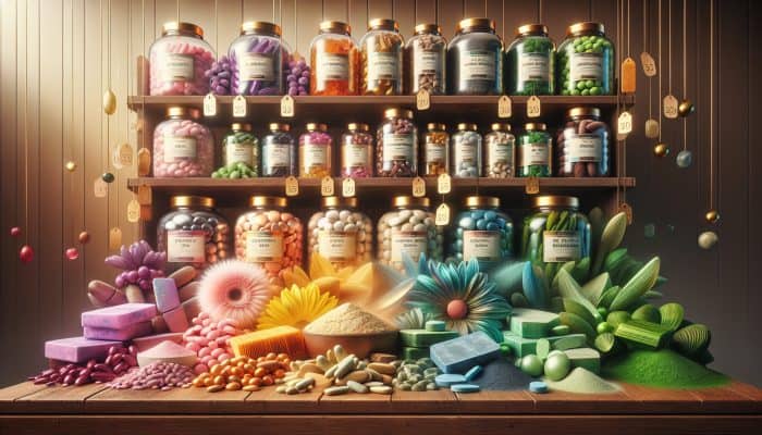 Cost of Nutrition Supplements: A colourful array of UK nutrition supplements including vitamins, minerals, protein powders, and herbal extracts on a shelf with price tags.
