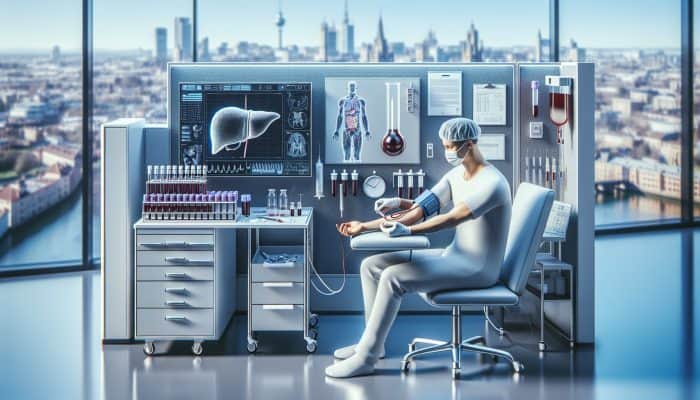 A technician drawing blood in a modern Basingstoke laboratory, with a sign for "Liver Blood Tests" visible.