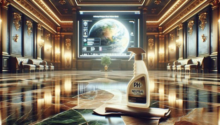 Luxurious room with gleaming natural stone floor, pH-neutral cleaner bottle and cloth.