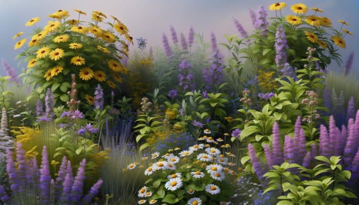 A serene garden featuring St. John's Wort, lavender, and chamomile, symbolising natural relief from depression.