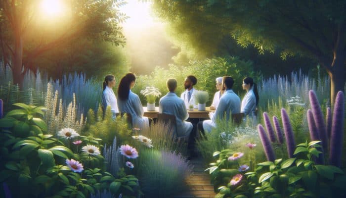 A tranquil garden with herbs like St. John's Wort and lavender, experts discussing depression treatment.