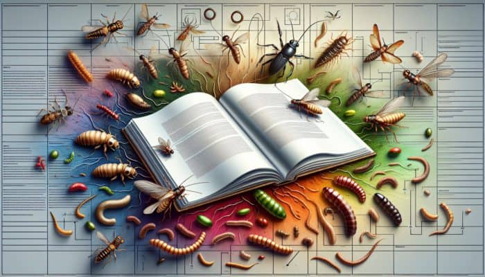 Illustration of edible insects including crickets, mealworms, and ants, with expert annotations and charts.
