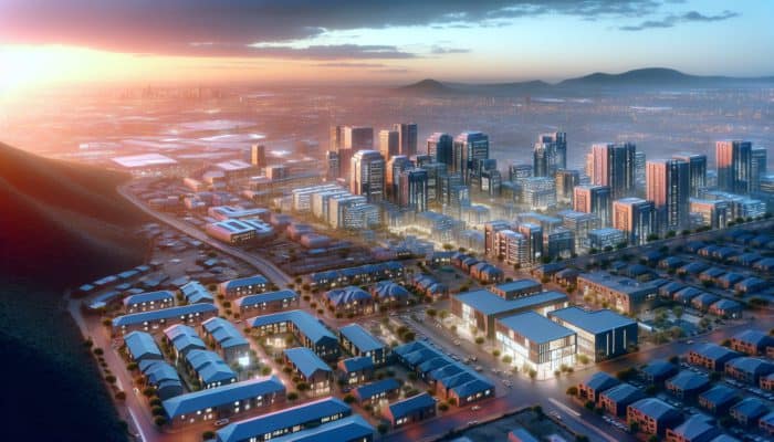 Aerial view of Makhanda at dusk, showcasing modern, revitalized neighborhoods and new developments.