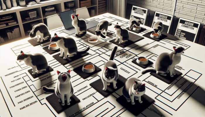 Cats hissing and arching over food and space, showing territorial aggression in a multi-cat home.