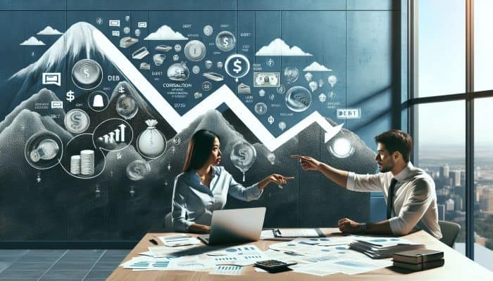 A financial expert guides a client through debt consolidation, using charts and documents.