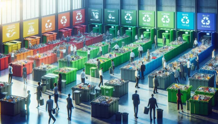 Best Bins for Waste Sorting in Clearances: People sorting waste into labeled bins for recycling in a modern facility, promoting sustainability.